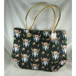 N Gil Life Death Cow Skull Roses Graphic Tote Bag Zip Close Padded Handles New